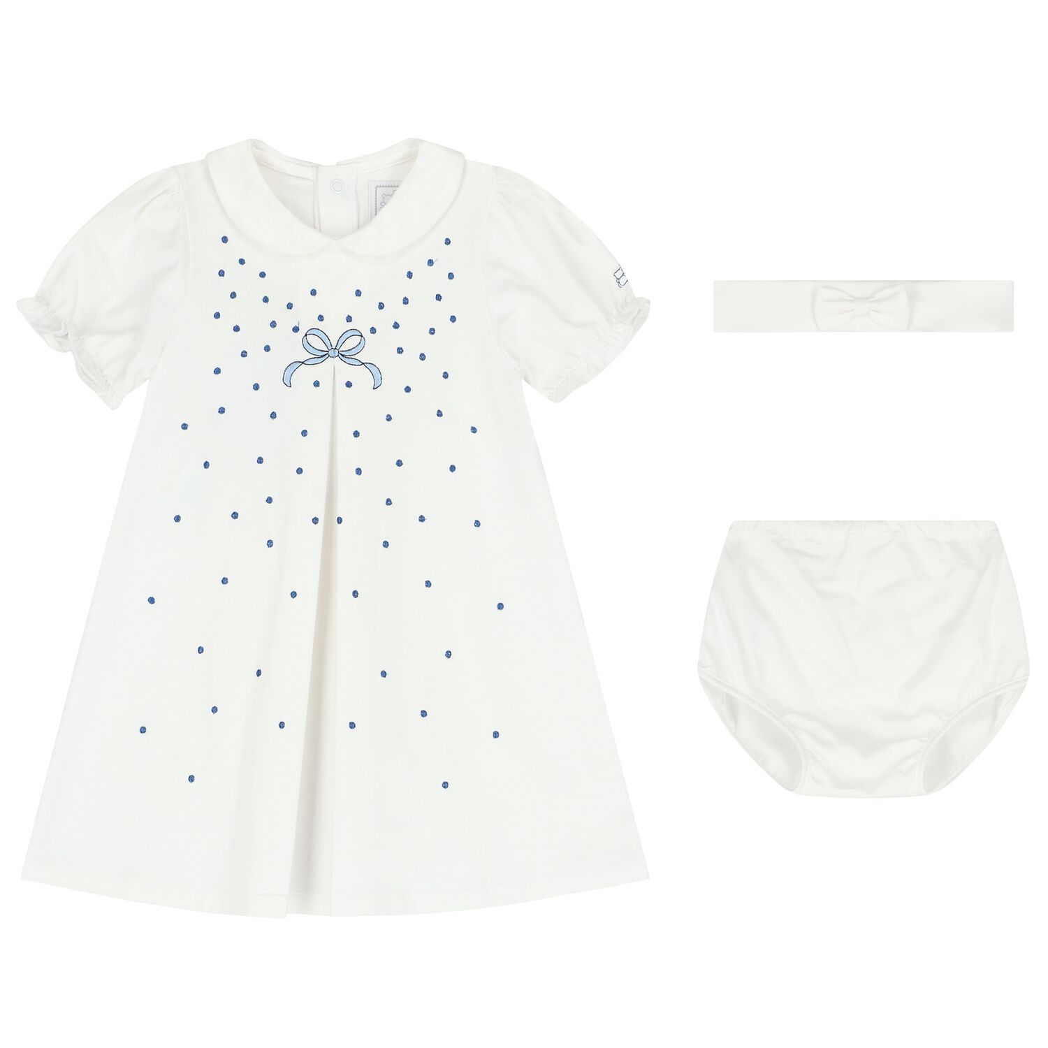 Baby Girls White & Blue Bow Dress Set, 1, hi-res image number null