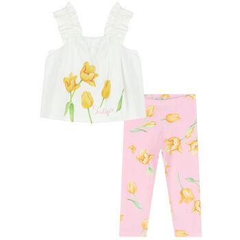 Girls White & Pink Floral Leggings Set