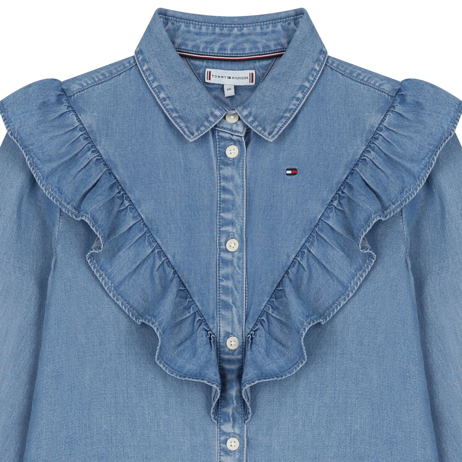 Girls Blue Ruffled Denim Dress, 1, hi-res