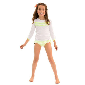 Girls White and Neon Pom Pom Rash Vest UPF 50+
