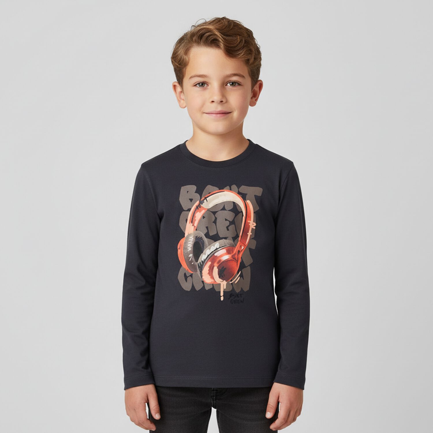 Boys Grey Headphone Long Sleeve Top, 1, hi-res image number null
