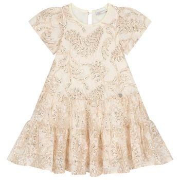 Girls Beige & Gold Lace Dress