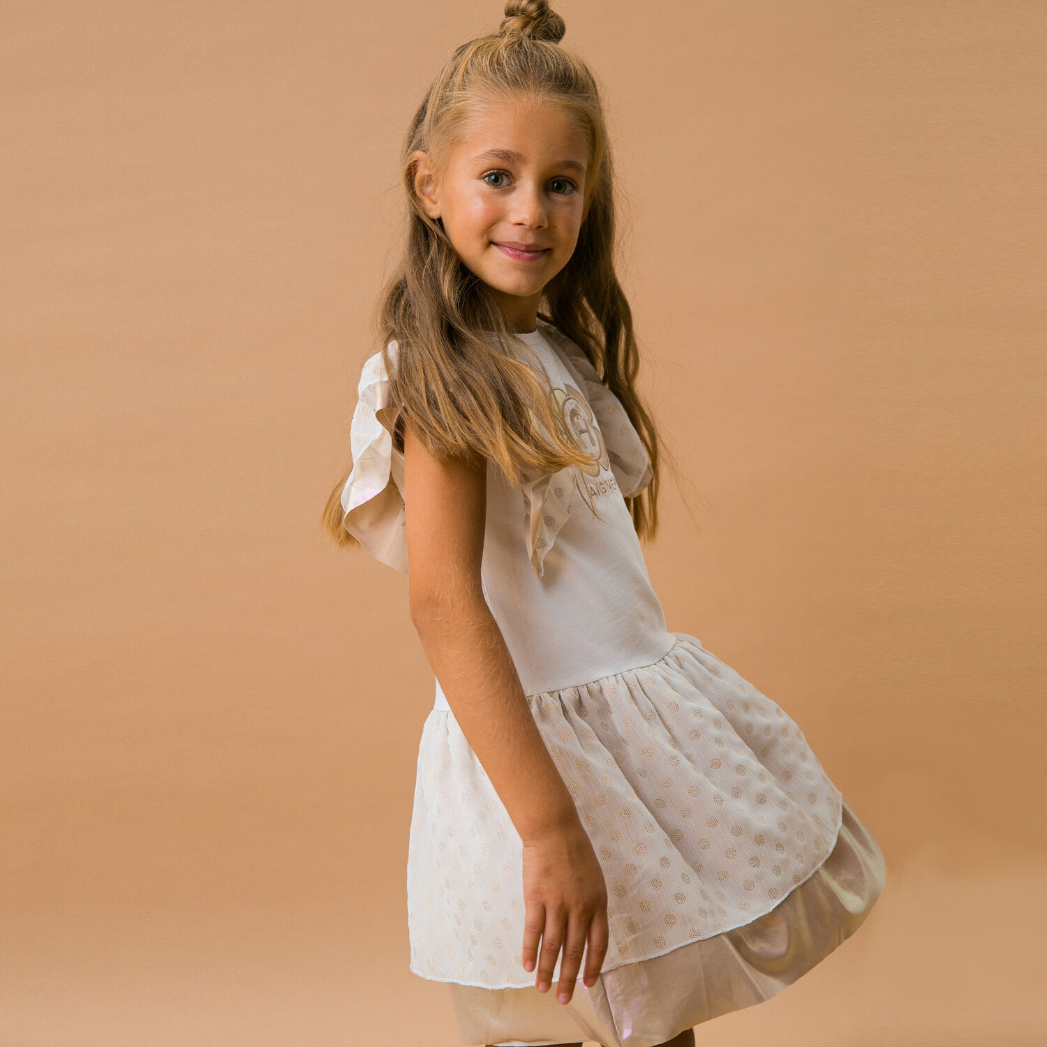 Girls White & Gold Logo Dress, 1, hi-res