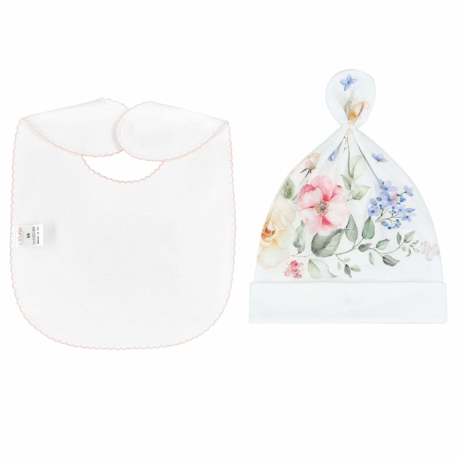 Baby Girls White Floral Hat & Bib Set, 1, hi-res