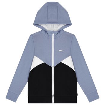 Boys Blue & Black Logo Hooded Zip Up Top