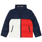 Boys Navy, Red & White Logo Hooded Puffer Jacket, 1, hi-res