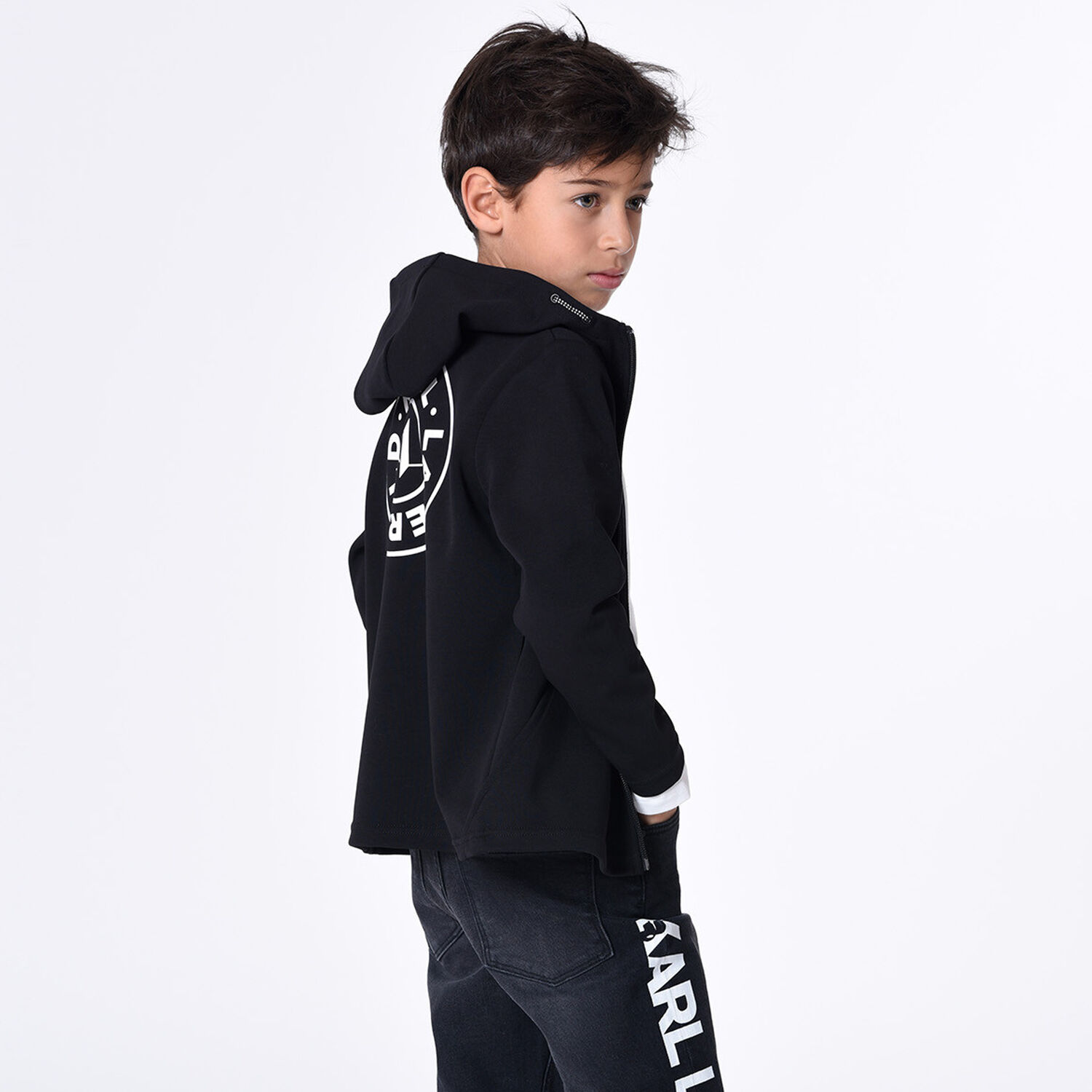 Boys Black Logo Hooded Zip Up Top, 1, hi-res image number null
