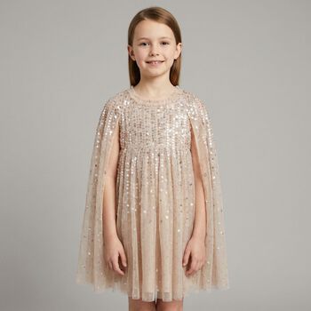 Girls Beige Sequinned Tulle Cape Dress