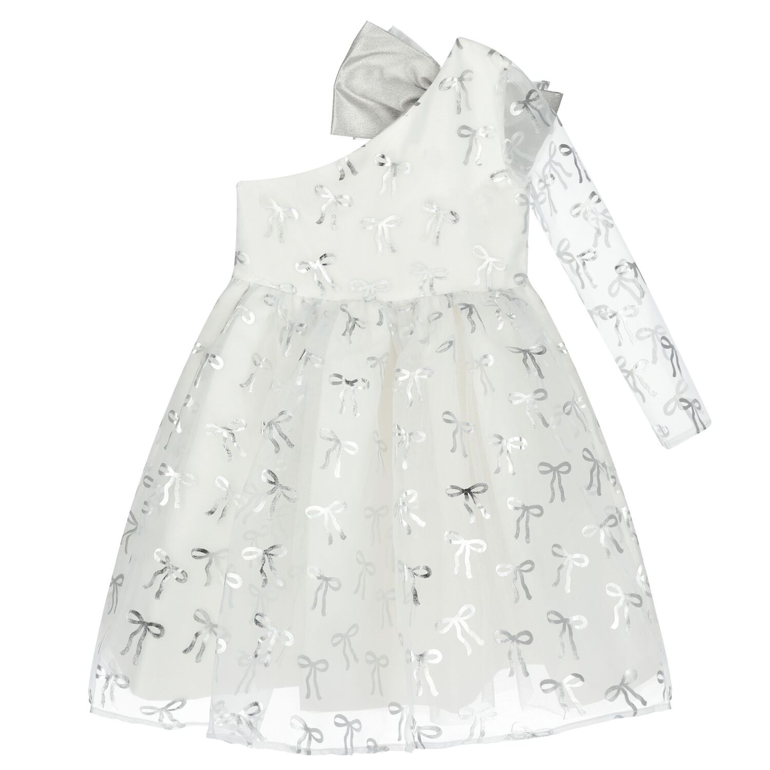 Girls White & Silver Bow Dress, 1, hi-res