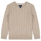 Boys Beige Logo Cable Knit Jumper, 1, hi-res