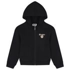 Black Teddy Bear Logo Hooded Zip Up Top, 1, hi-res