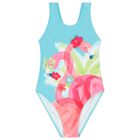 Girls Blue Flamingos Swimsuit, 1, hi-res