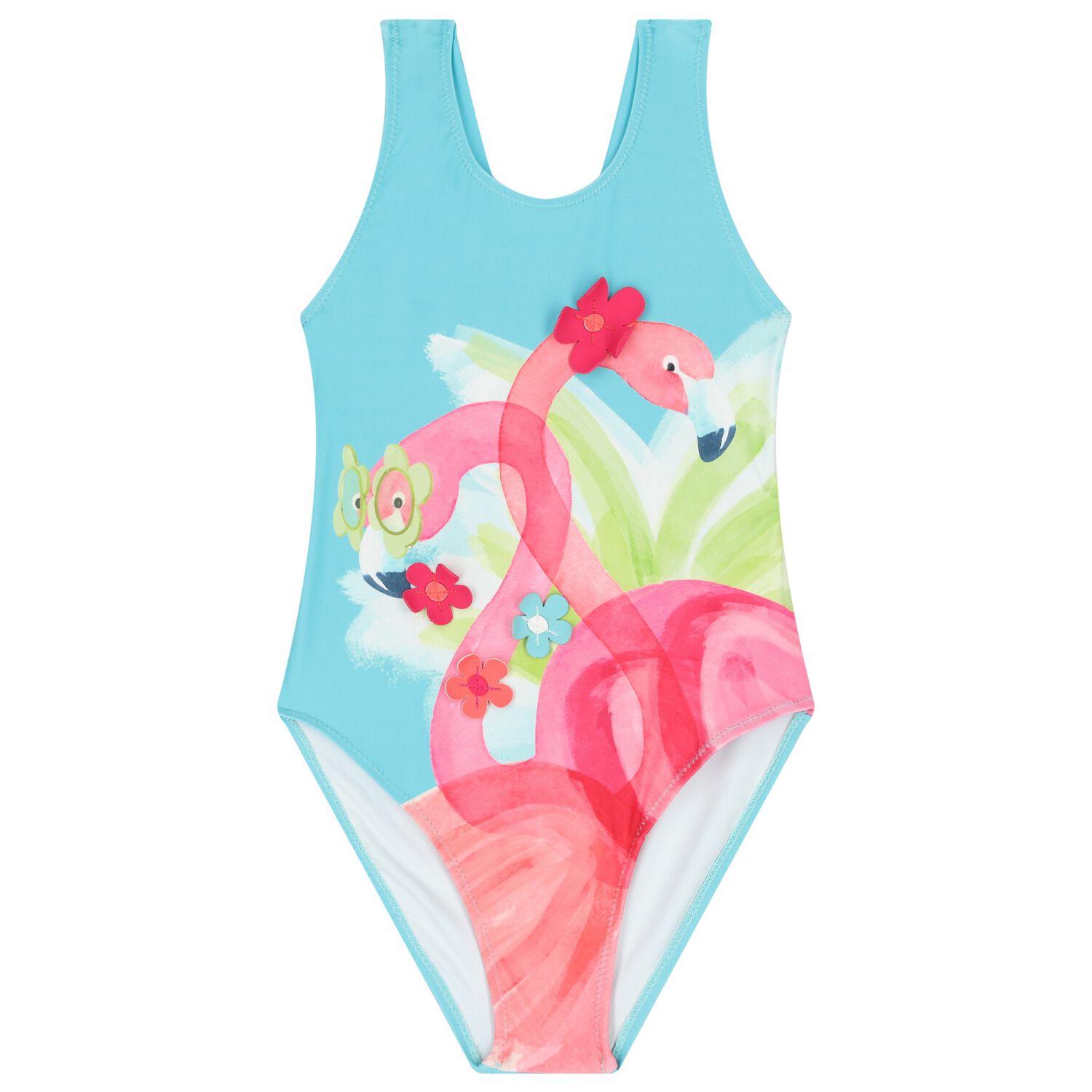 Girls Blue Flamingos Swimsuit, 1, hi-res image number null