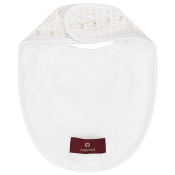 White & Beige Logo Baby Bib