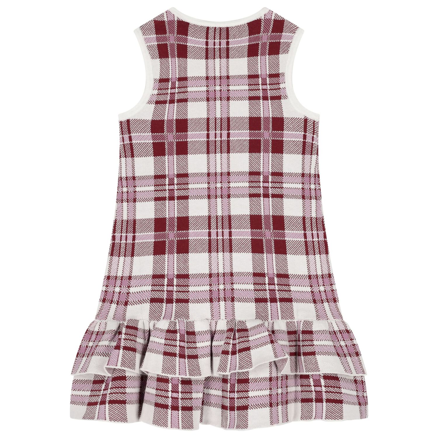 Girls White & Burgundy Red Check Knitted Dress, 1, hi-res image number null