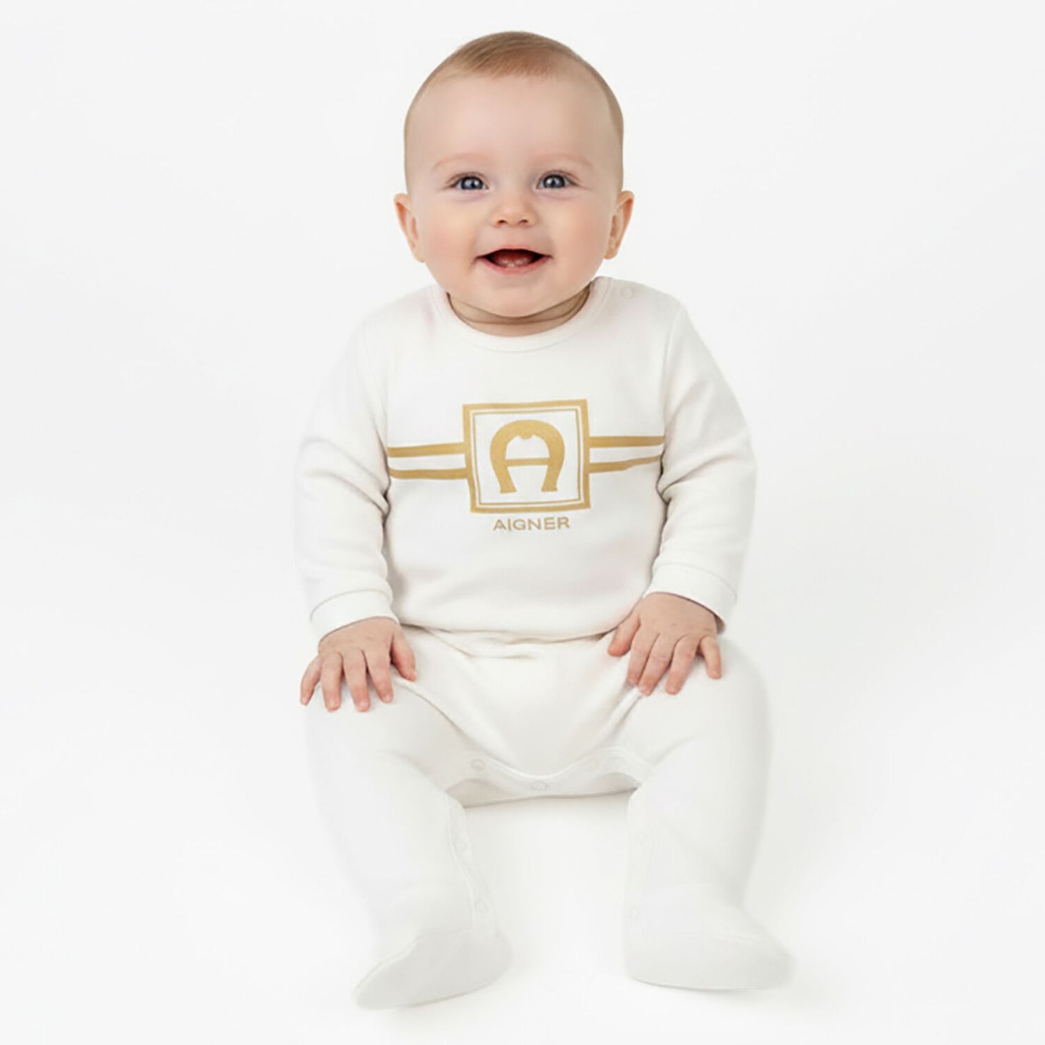 Ivory & Gold Logo Romper, 1, hi-res