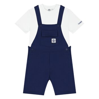 Baby Boys White & Navy Blue Dungaree Set