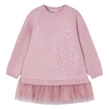 Girls Pink Flower Knitted Dress