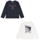 Boys White & Navy Blue Long Sleeve Top ( 2 Pack ), 2, hi-res