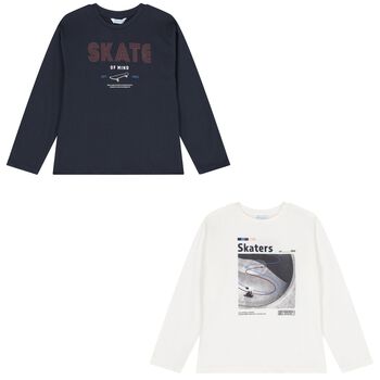 Boys White & Navy Blue Long Sleeve Top ( 2 Pack )