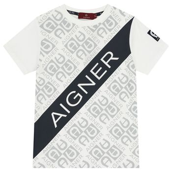 Boys White & Navy Blue Logo T-Shirt