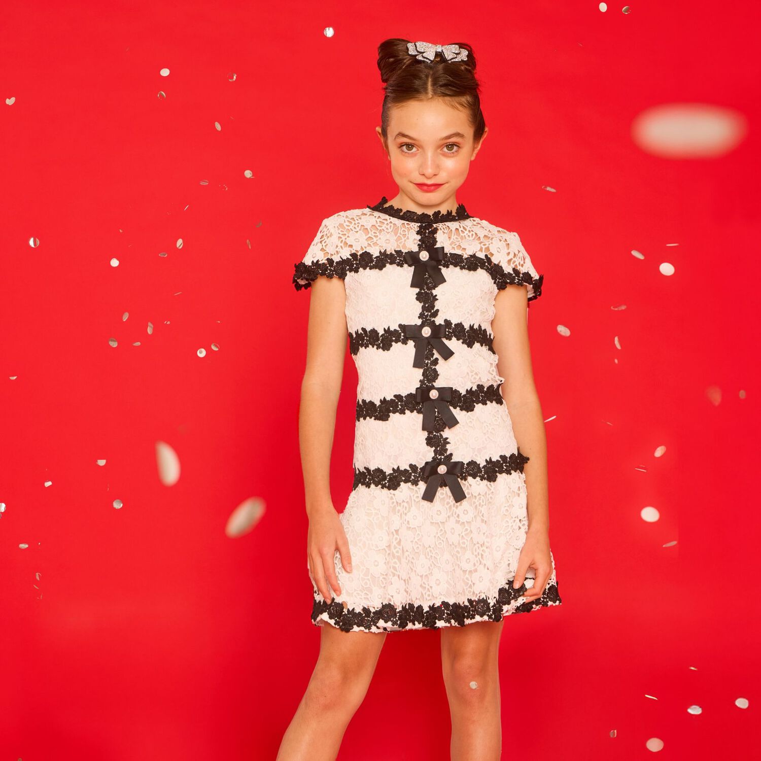 Girls White & Black Embroidered Floral Dress , 1, hi-res