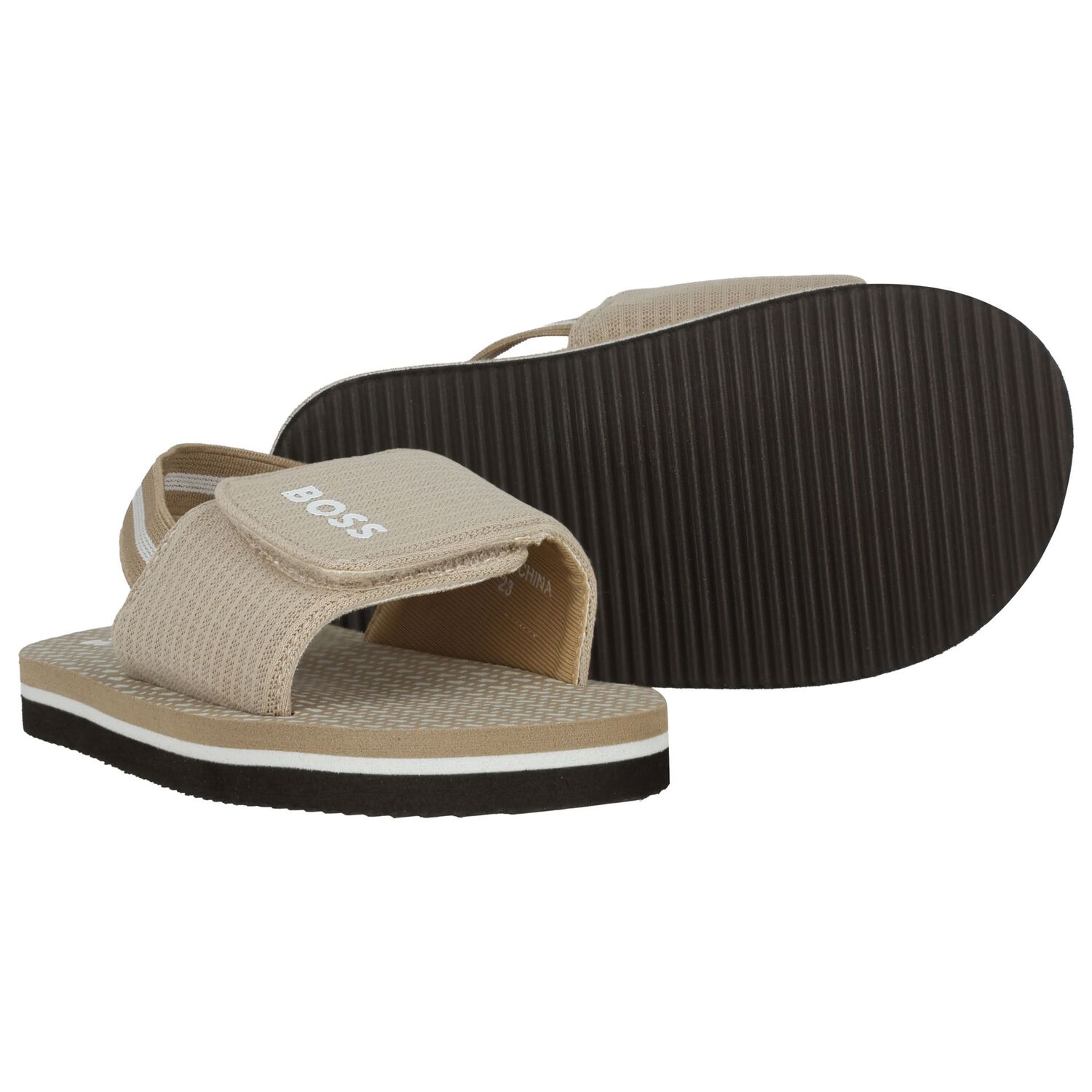 Boys Beige & Black Logo Sandals, 1, hi-res