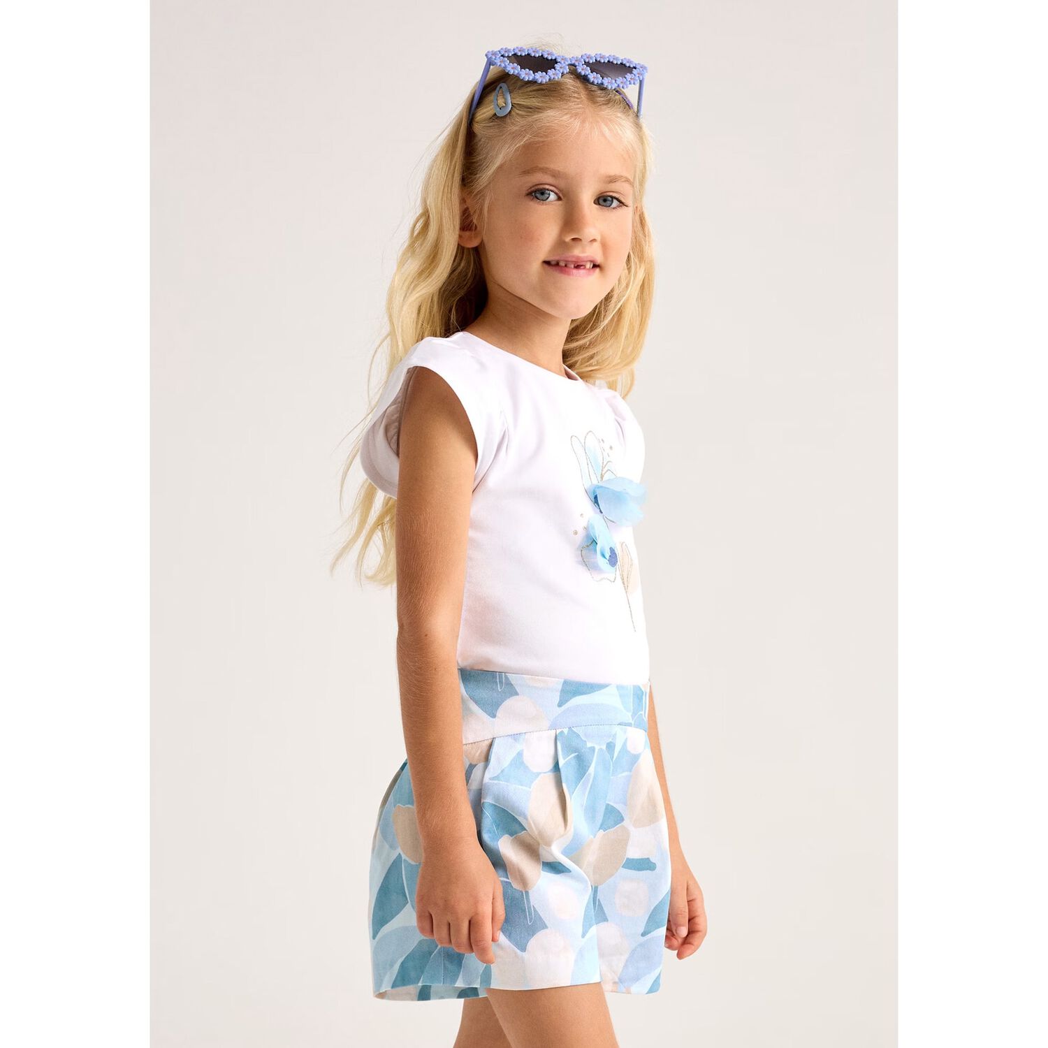 Girls Blue Printed Short, 3, hi-res