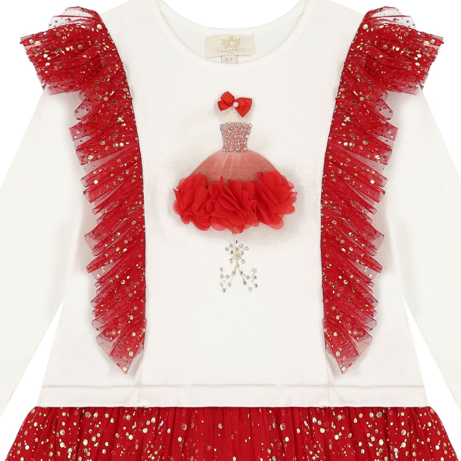 Girls White & Red Ruffle Tulle Dress, 2, hi-res