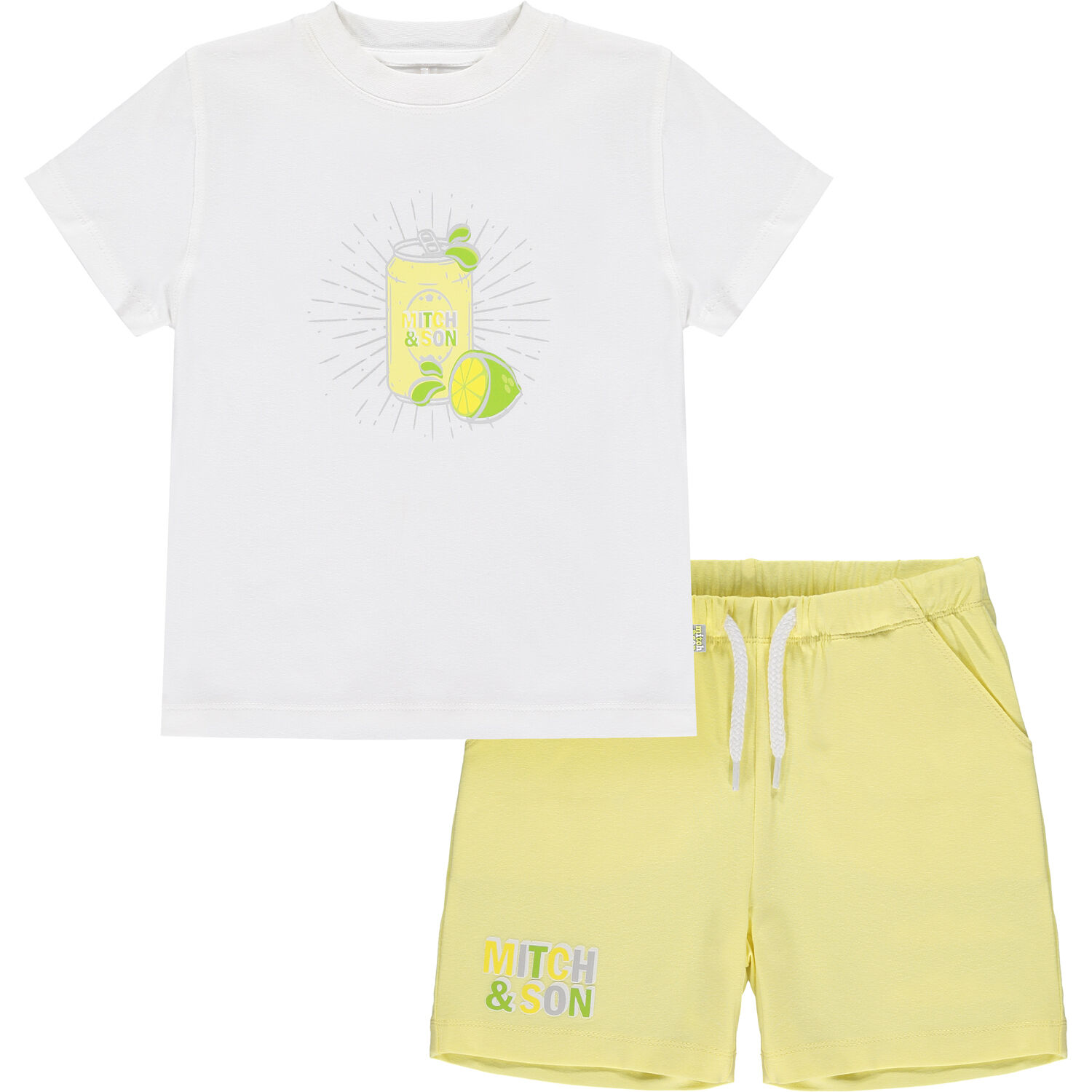 Boys White & Yellow Logo Shorts Set, 1, hi-res