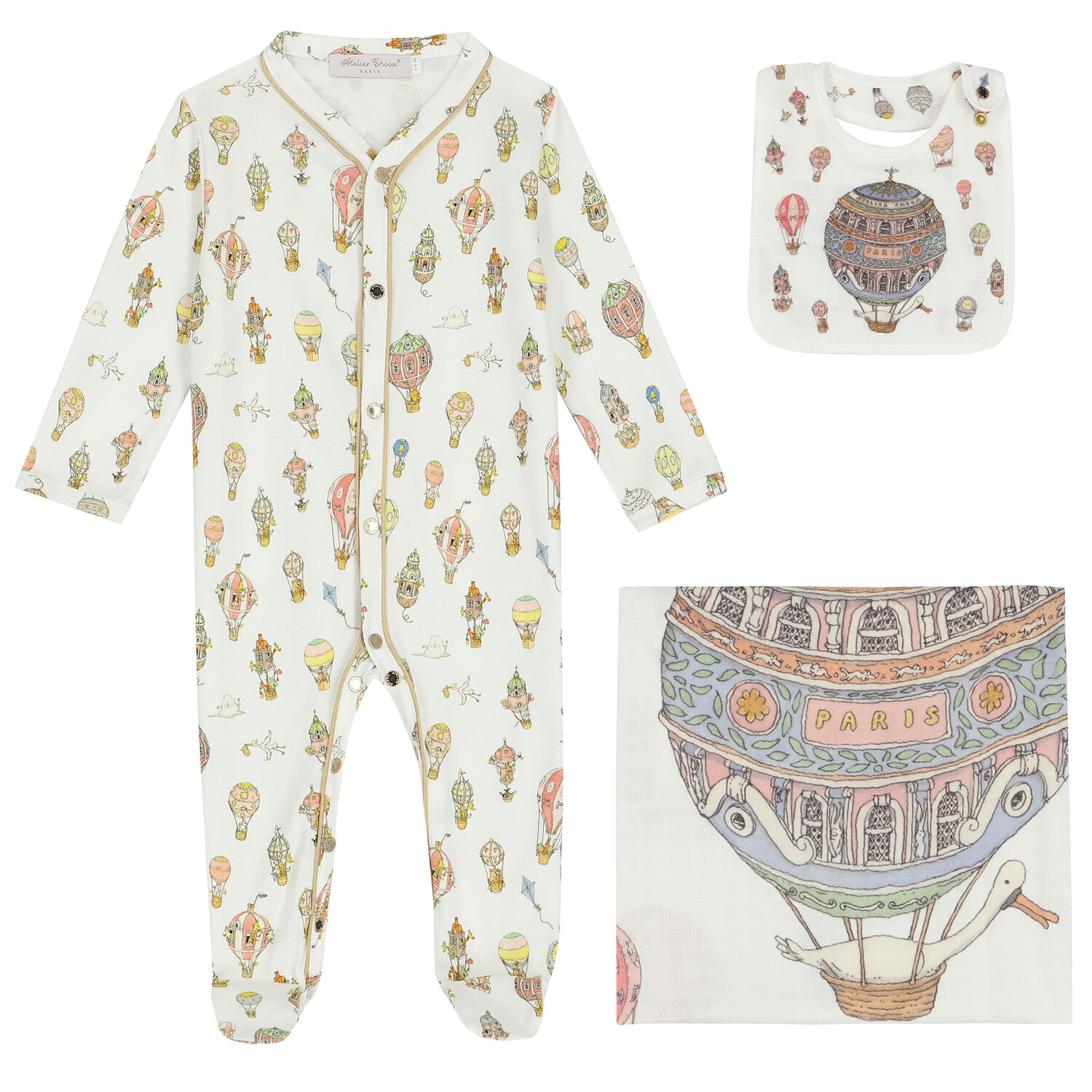 White Hot Air Balloons Babygrow Gift Set, 1, hi-res