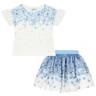Girls White & Blue Butterfly Skirt Set, 1, hi-res