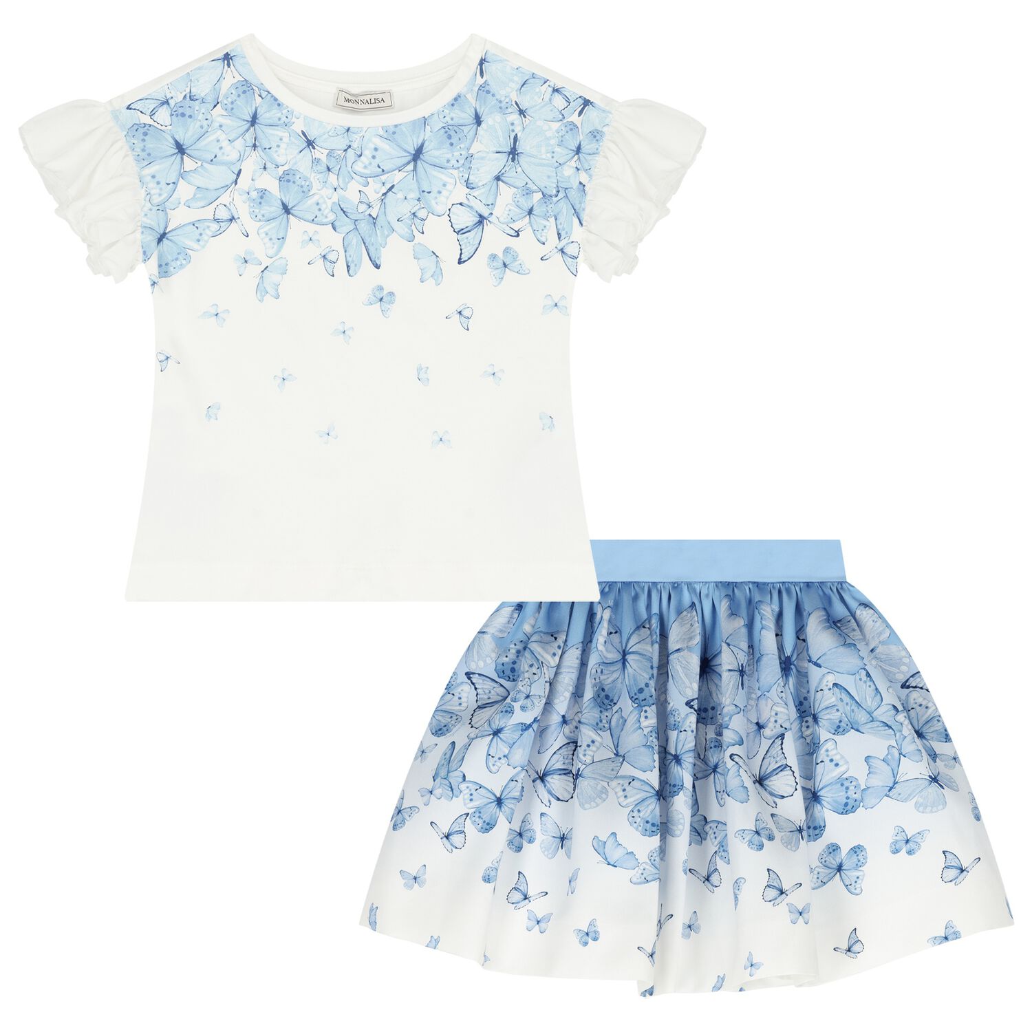 Girls White & Blue Butterfly Skirt Set, 1, hi-res image number null