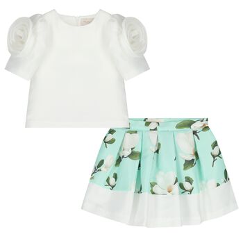 Girls White & Green Floral Skirt Set