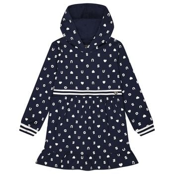 Girls Navy Blue Logo Hooded Dress