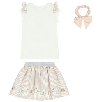 Girls White & Beige Striped Skirt Set