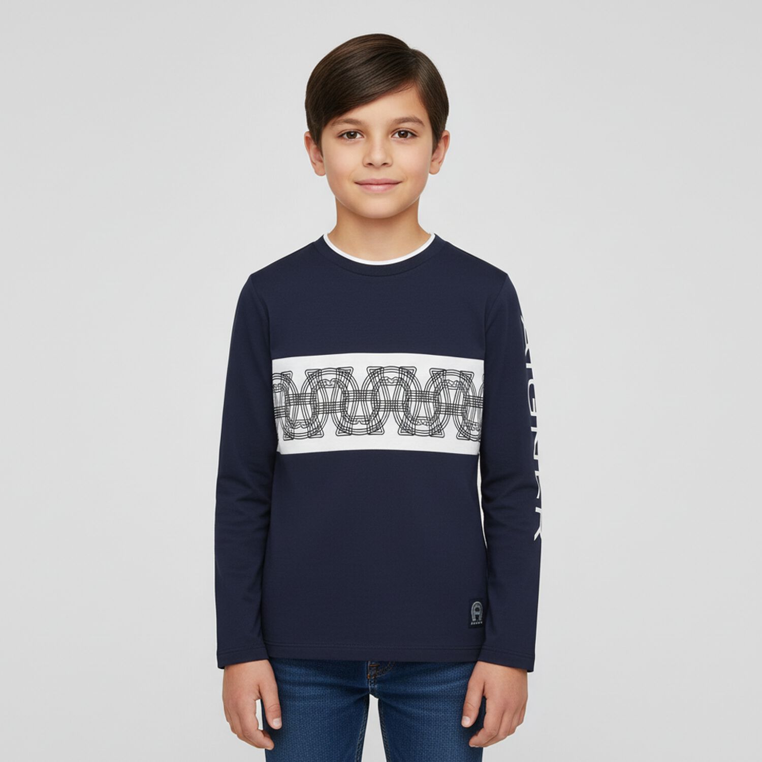 Boys Navy Blue Logo Long Sleeve Top, 1, hi-res