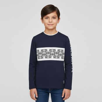 Boys Navy Blue Logo Long Sleeve Top