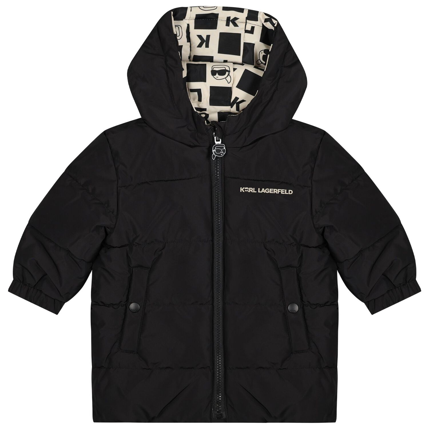 Younger Boys White & Black Ikonik Karl Reversible Puffer Jacket, 1, hi-res