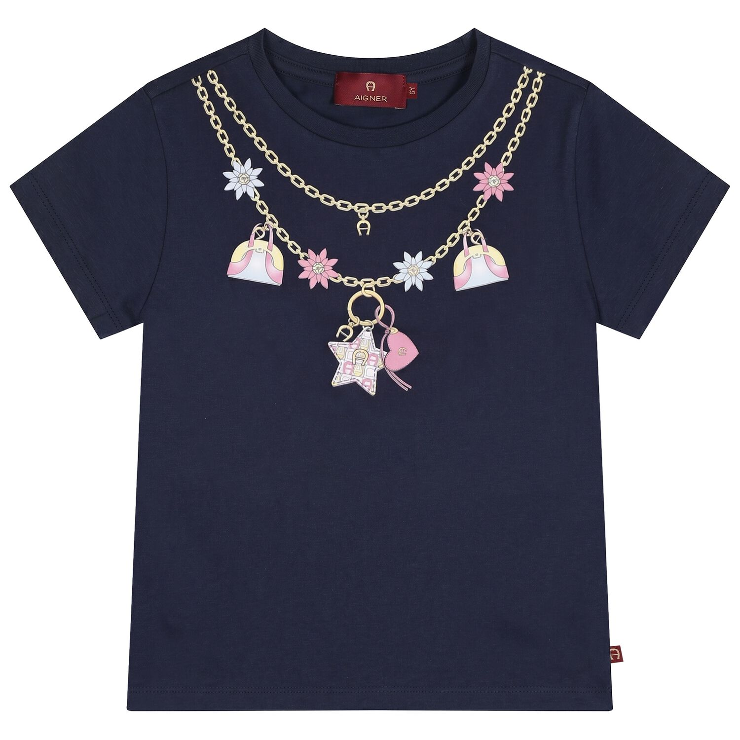 Girls Navy Blue Necklace Logo T-Shirt, 1, hi-res