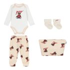 Beige & White Teddy Bear Logo Baby Bodysuit Set, 4, hi-res
