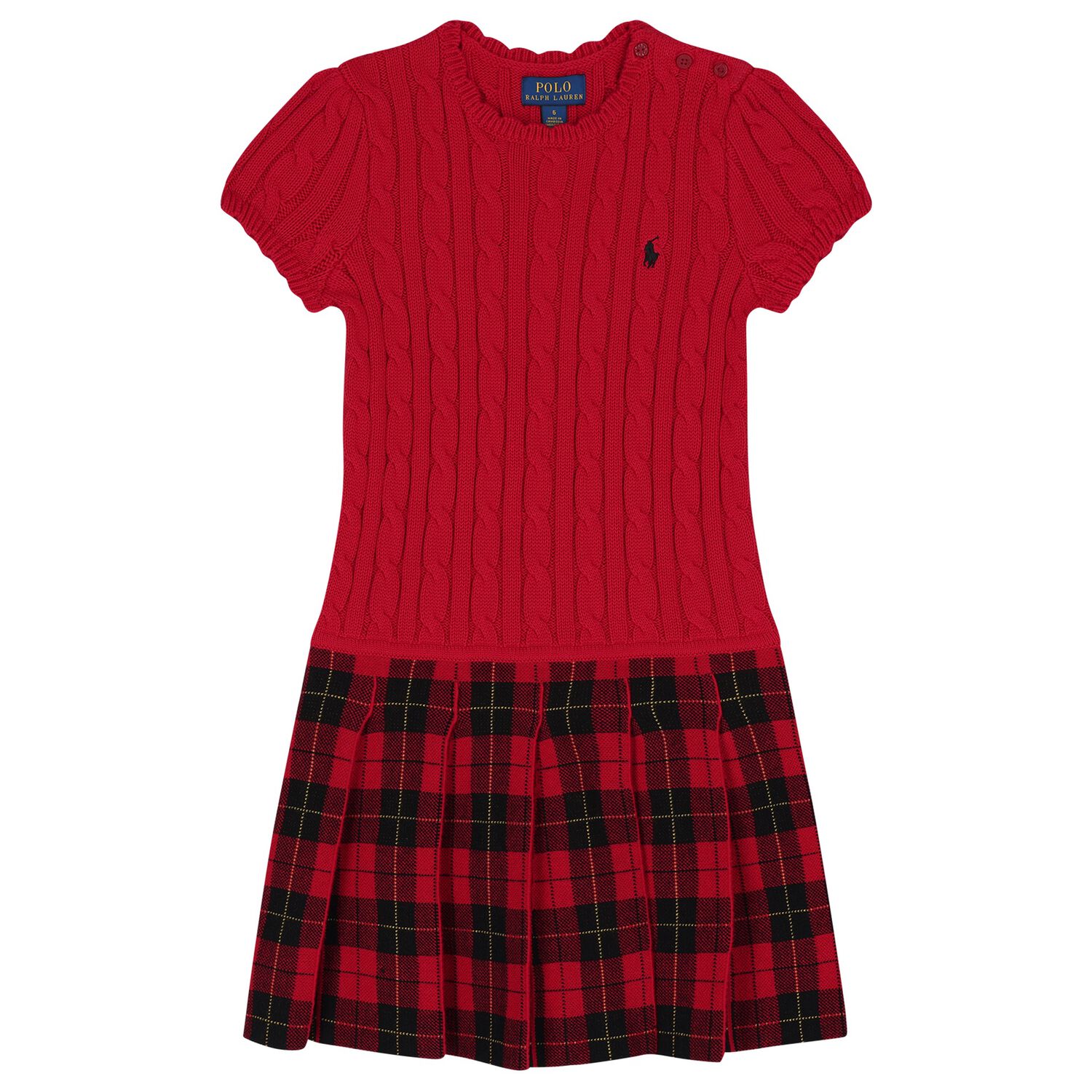 Girls Red Cable Knit & Tartan Dress, 1, hi-res
