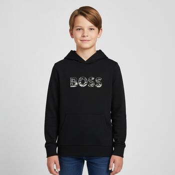Boys Black Logo Hooded Top