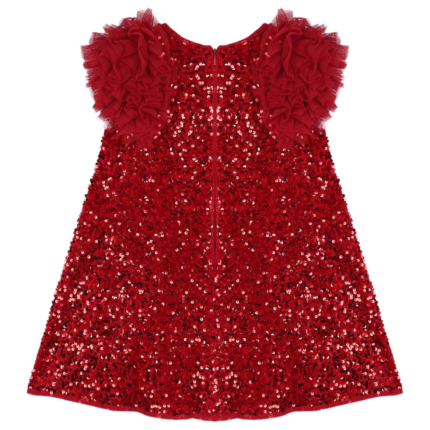 Girls Red Sequin & Tulle Ruffle Dress, 1, hi-res