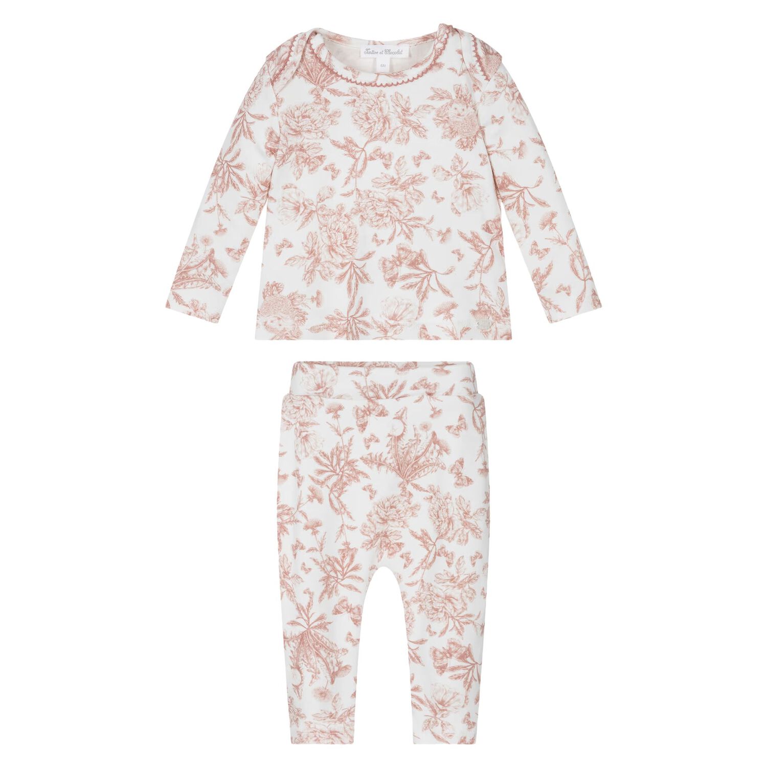 Baby Girls Pink & Ivory Toile De Jouy Pyjamas, 3, hi-res