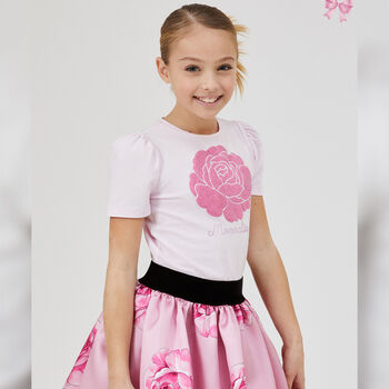 Girls Pink Rose & Logo T-Shirt