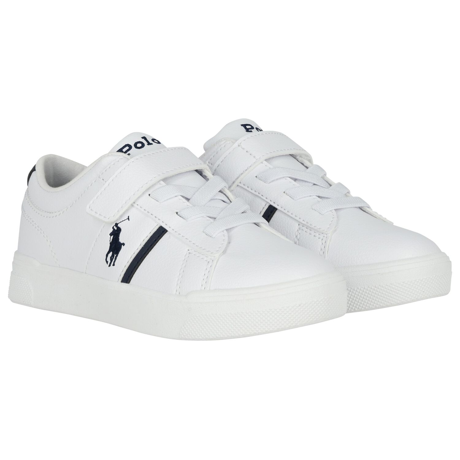 Boys White & Navy Blue Logo Trainers , 1, hi-res