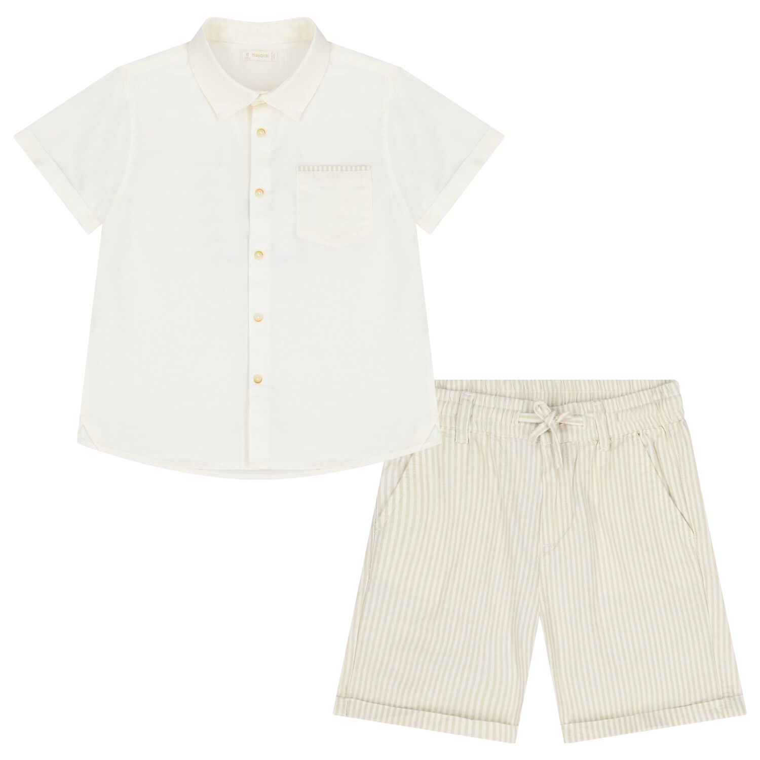 Boys Ivory & Beige Striped Shorts Set, 1, hi-res