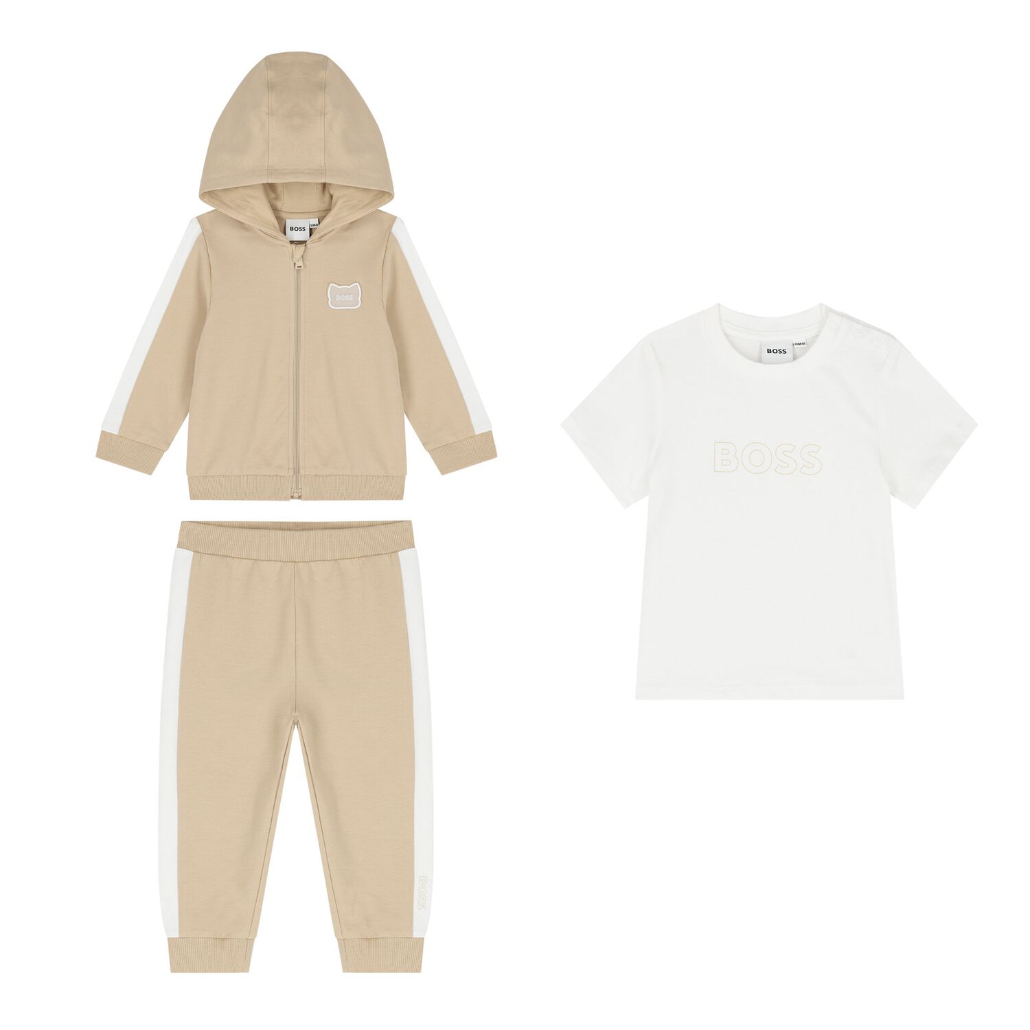 Baby Boys Beige Logo Hooded Tracksuit Gift Set, 1, hi-res