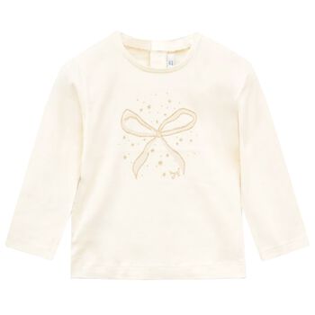 Younger Girls Ivory Bow Long Sleeve Top